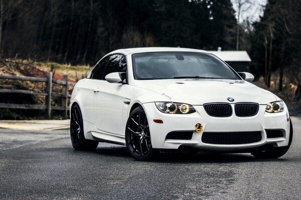 White BMW on the road in the autumn forest