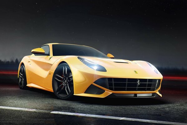 Gelber Ferrari f12 in gelber Farbe auf der Straße