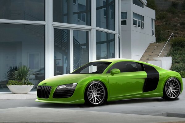 Green sports Audi in the yard of the house. 3D visualization