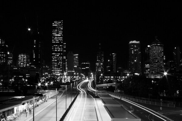 Night black and white road in the city center