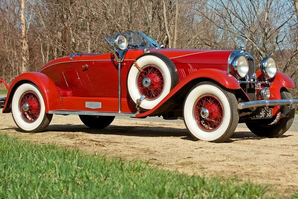 Red retro car by the bare trees