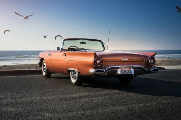 The 1957 car is parked near the sea