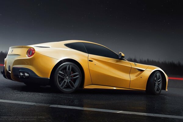 Желтый Ferrari F12 с черными дисками на ночной дороге