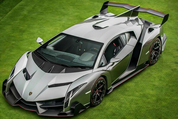 Supercar gris de la marque lamborghini veneno sur fond vert