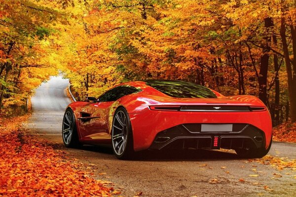 Aston martin rosso nel paesaggio autunnale