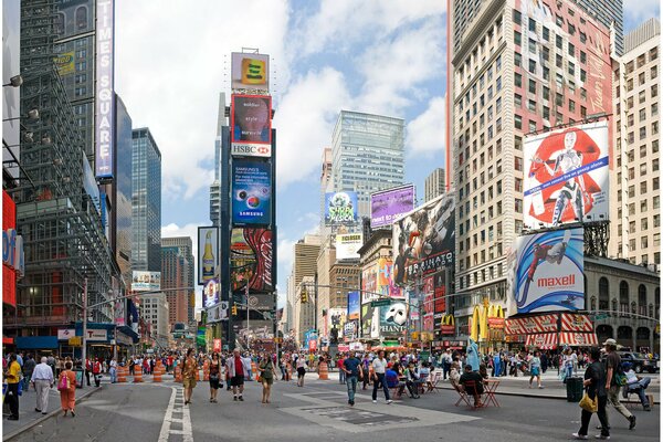 Megalopolis street with skyscrapers, advertisements and pedestrians