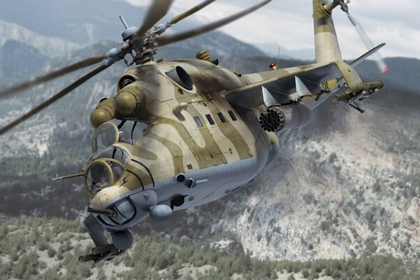 Military, Soviet, transport and combat helicopter over the mountains