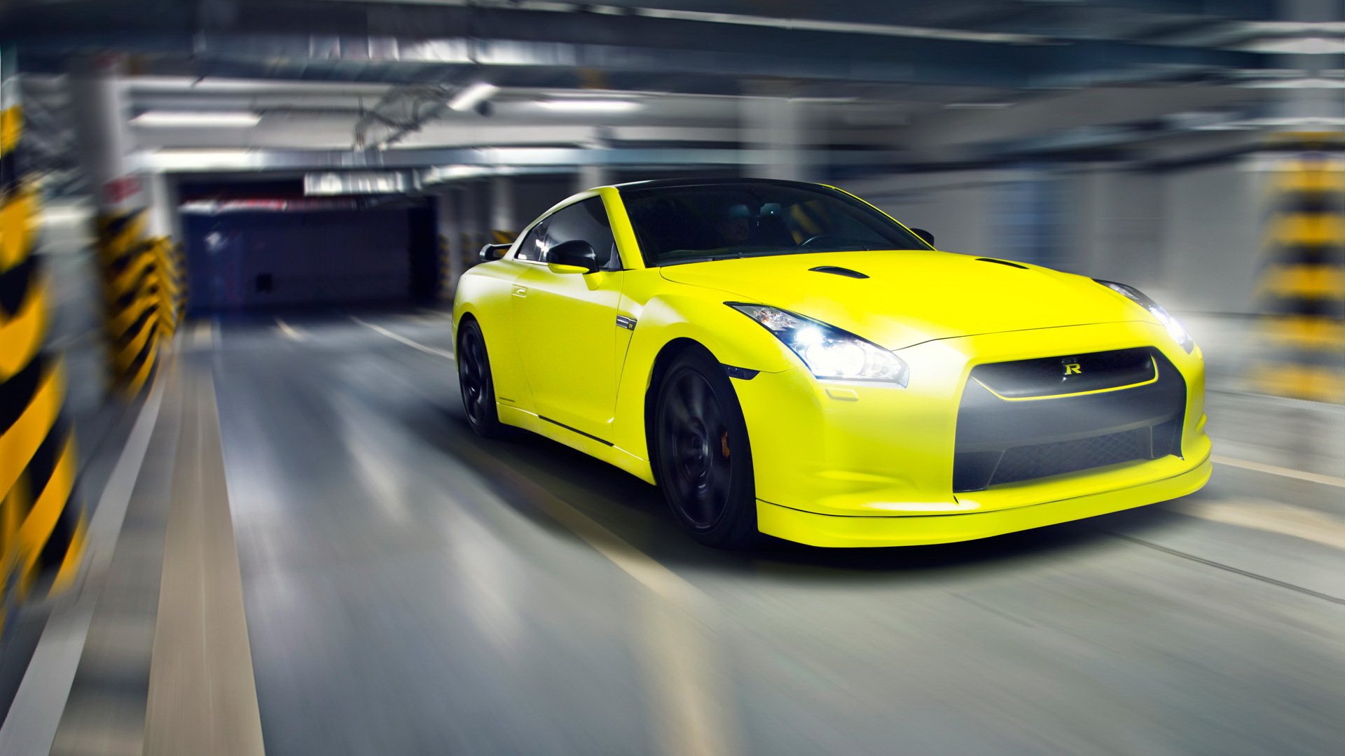 nissan gtr yellow parking sports car