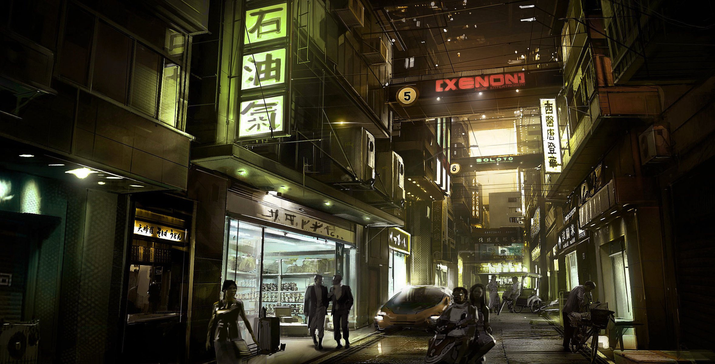 deus ex human revolution japan einwohner stadt straße häuser nacht schilder lichter hieroglyphen passanten geschäfte neon straße gebäude metropole asien städte