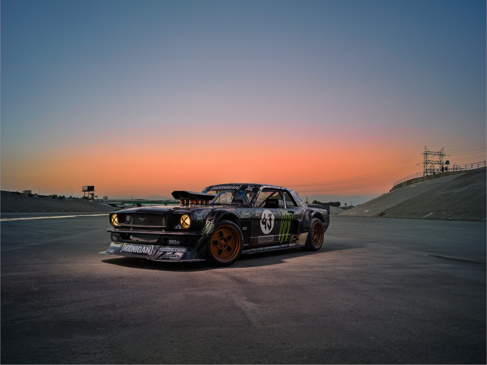 ford mustang rtr 1965 hoonicorn 845 cv gymkhana siete trasero ken bloque monstruo energía puesta de sol cielo