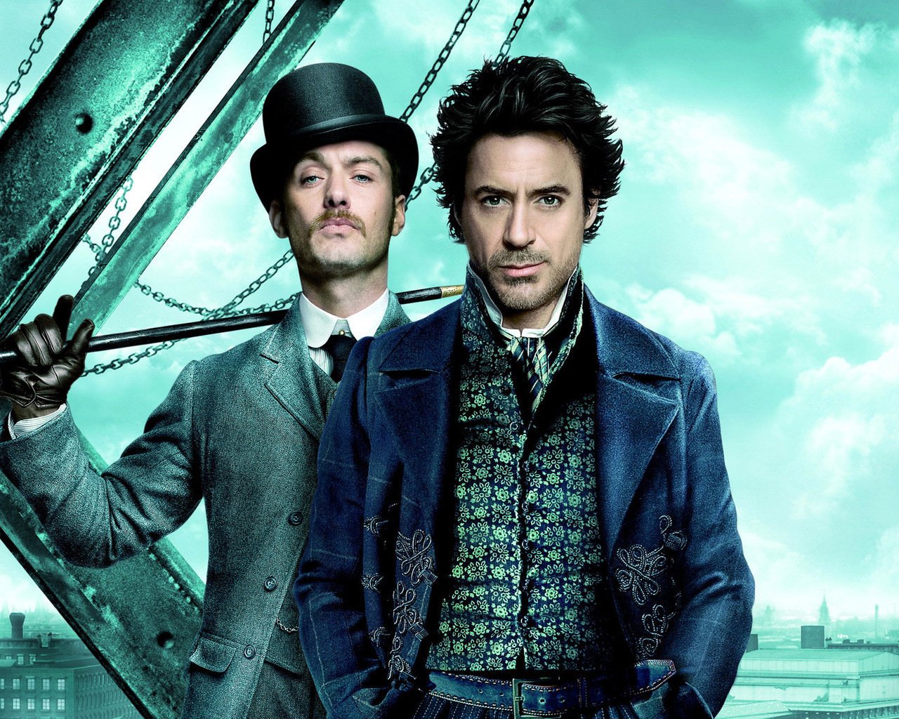 the film sherlock homs movie heroes watson hat mustache clouds cane unshaven chain men actors eyes face