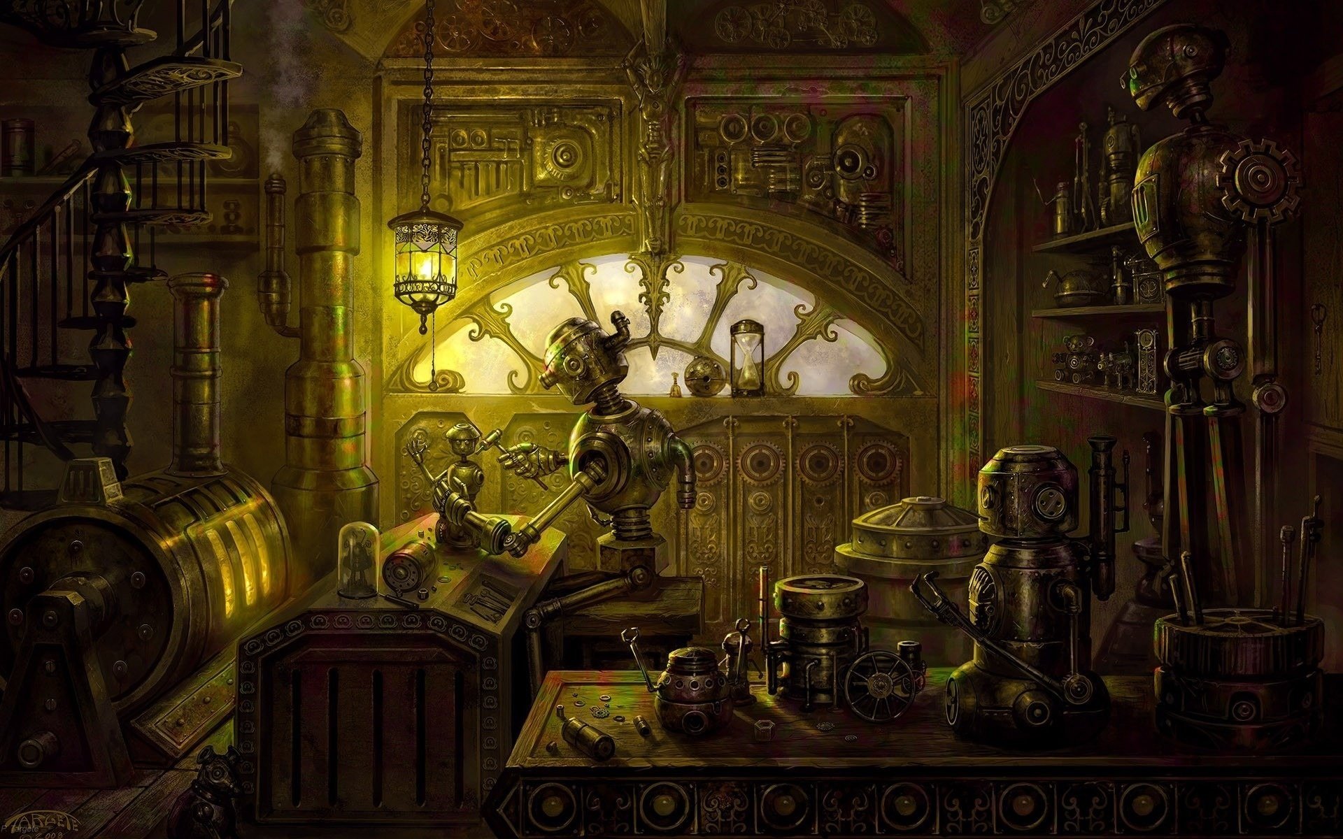 warsztat piekarnik stół steampunk robot części lampy