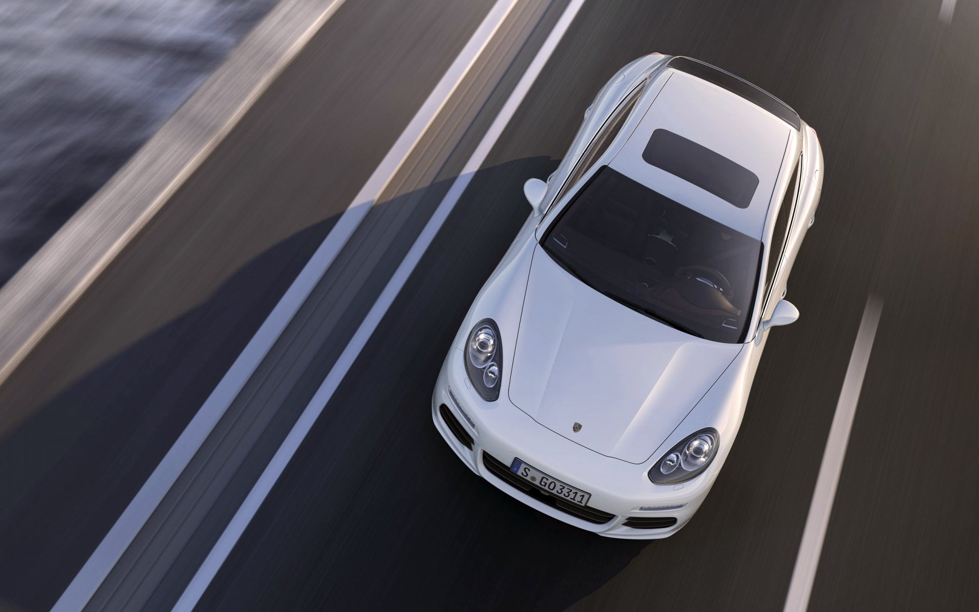 porsche panamera auto coche en movimiento sedán blanco porsche vista superior asfalto capó faros