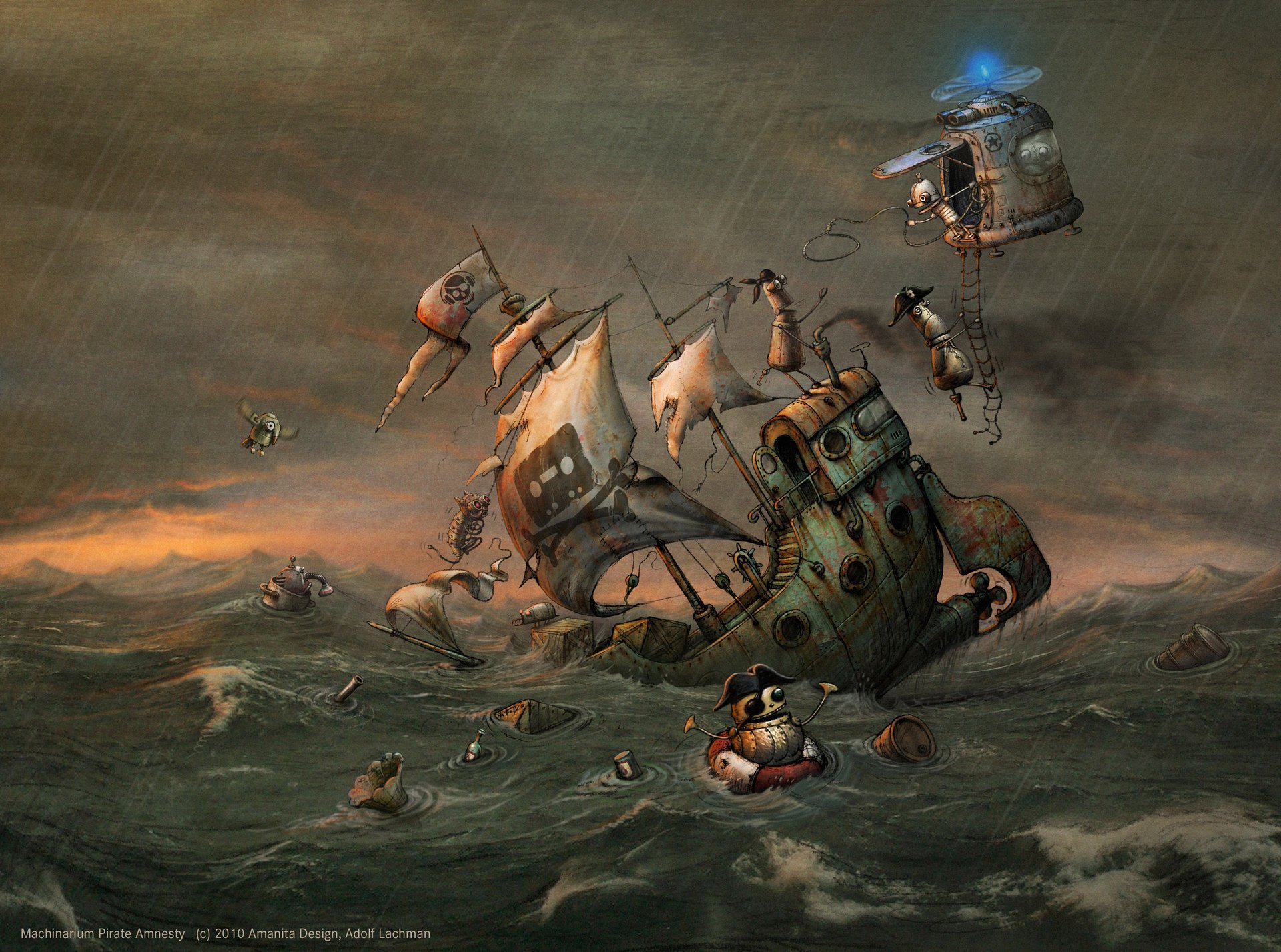 amnistie pirate machinarium machinarium joseph pirates naufrage mer pluie tempête dessin hélicoptère vagues drapeau obscurité gris