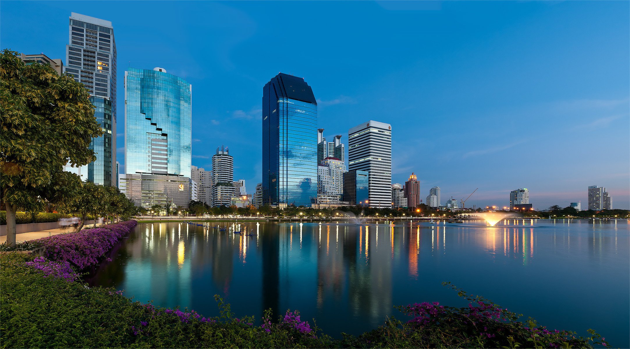 flores bangkok tailandia anochecer agua rascacielos fuente ciudad reflexión casas vegetación macizos de flores árboles noche luces ciudades cielo nocturno luces de la ciudad