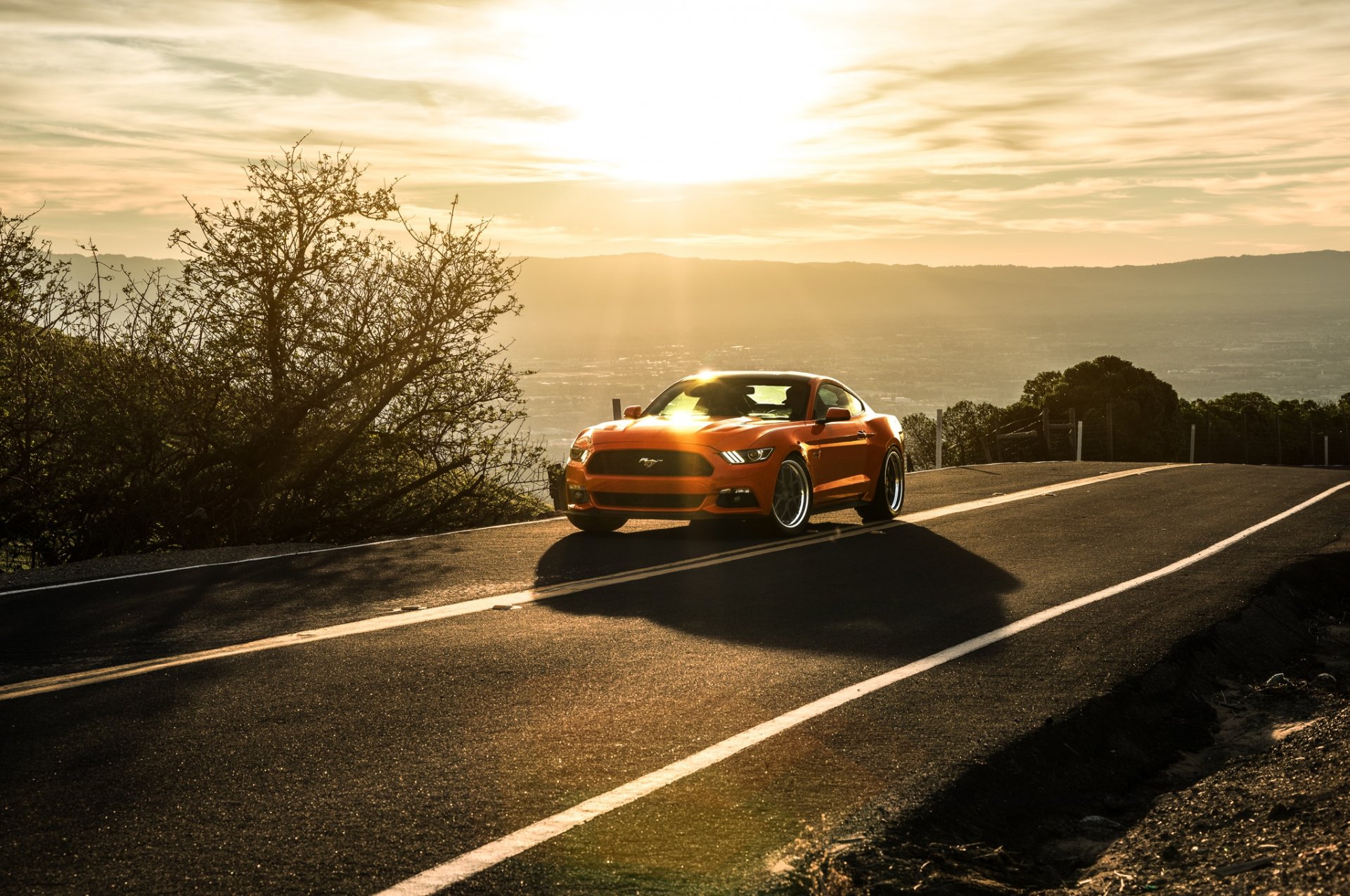 ford mustang 2015 aristo collection kalifornien orange landschaft berge sonne sonnenuntergang