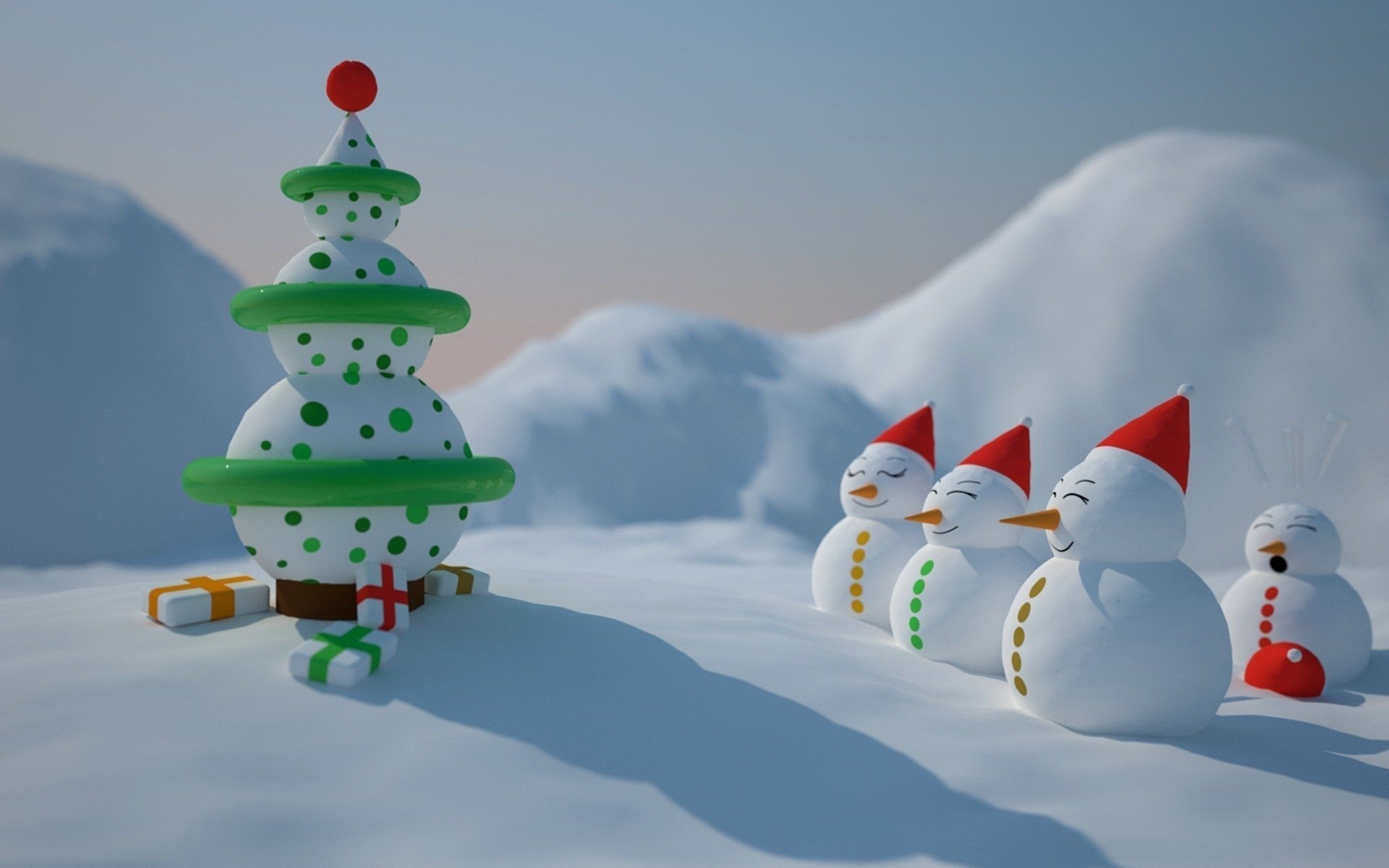 nowmen mood holiday winter christmas tree new year snowdrifts snow smiles fun joy gifts mountains shade snow cover