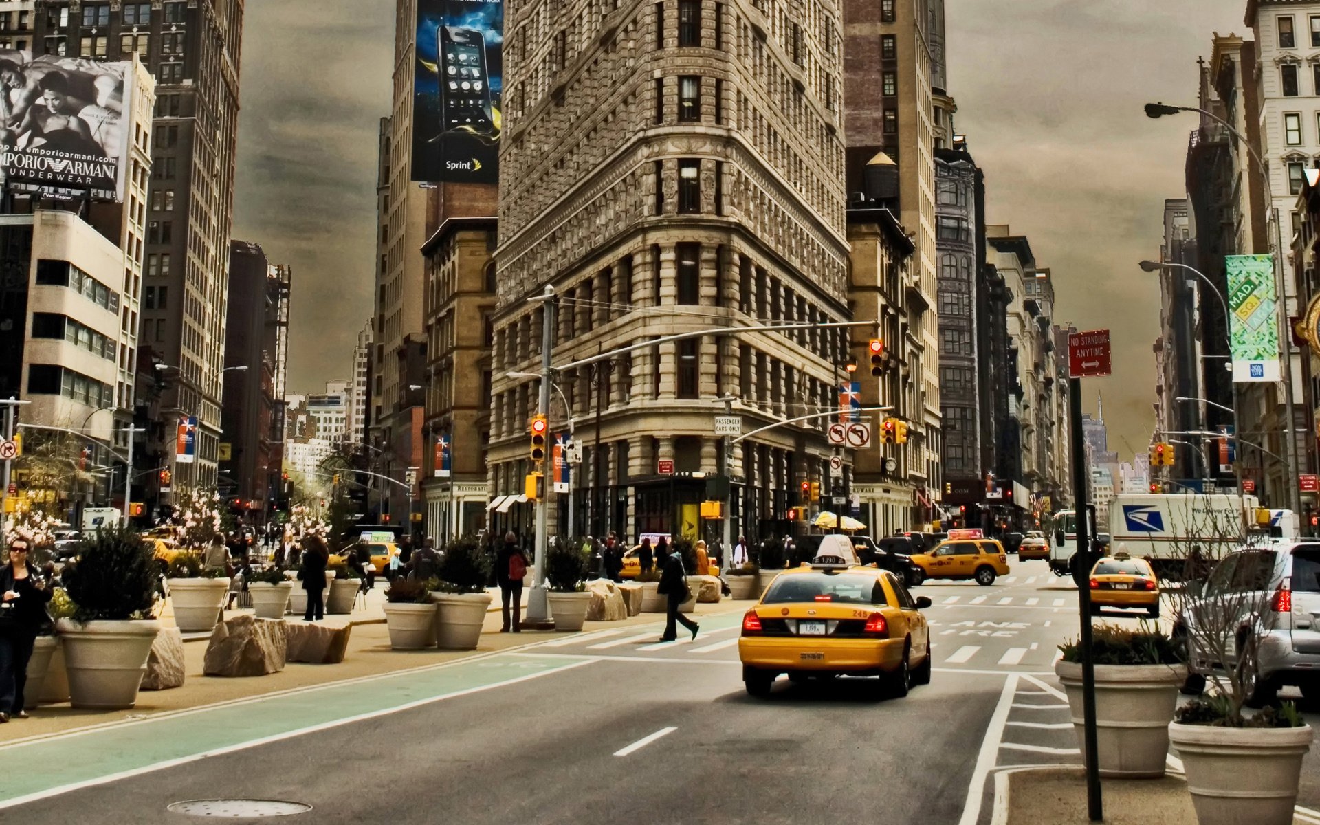 nueva york flores personas casas publicidad taxi semáforo calle ee.uu. américa rascacielos marcado señalización cielo gris ciudades