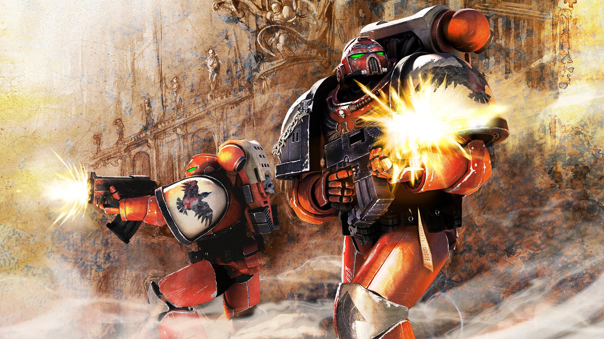 warhammer 40k marines espaciales bolters armas disparos ruinas armadura guerreros fuego disparos batalla batalla masacre