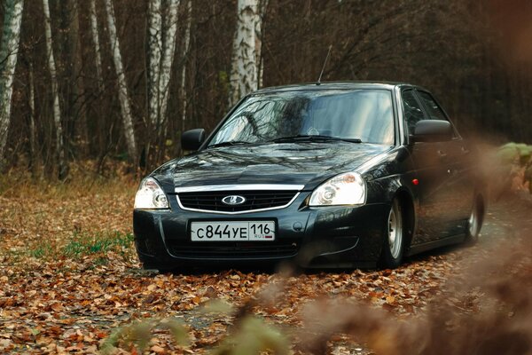 Autunno, molte foglie. Macchina automatica Lada Priora