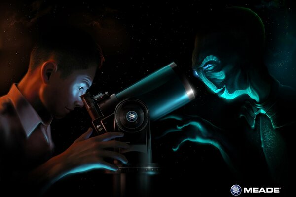 A man looks through a telescope at a fantastic alien on a dark background.