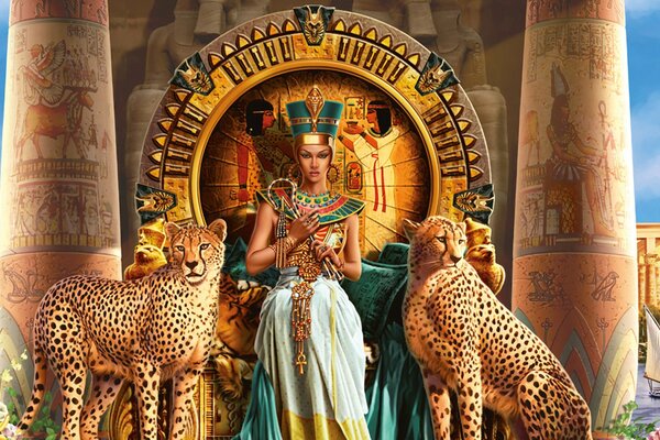 Cleopatra con dos leopardos se sienta en el trono