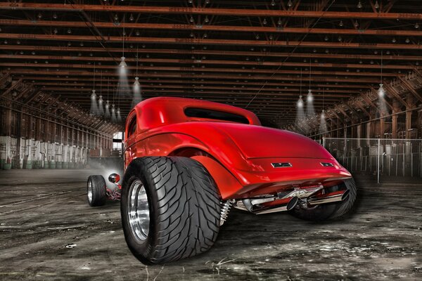 Arte de Hot Rod rojo con ruedas grandes