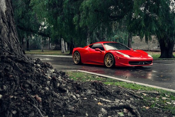 Voiture Ferrari italienne rouge sur la route