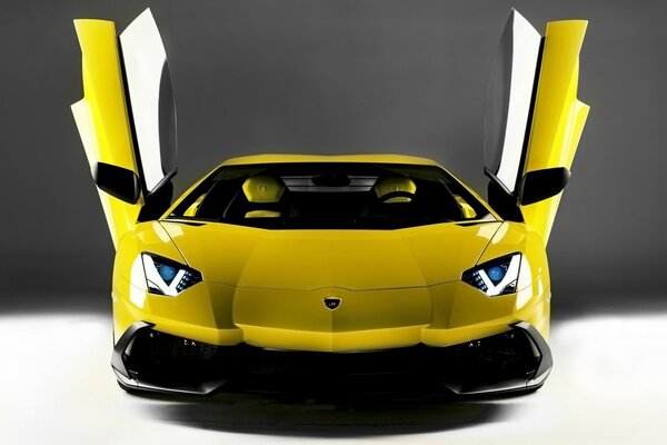 Yellow Lamborghini Avendator with open doors in front