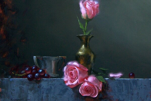 Pittura di un vaso con rose e un ramo d uva