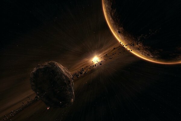 A planet and moving asteroids towards the planet