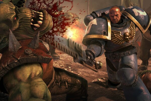 A space marine cuts off an orc s head with a chainsword