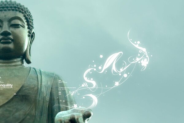 A huge stone statue of Buddha holds smoke in his hand