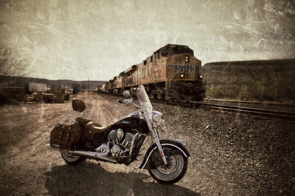 Moto cool sur fond de locomotive