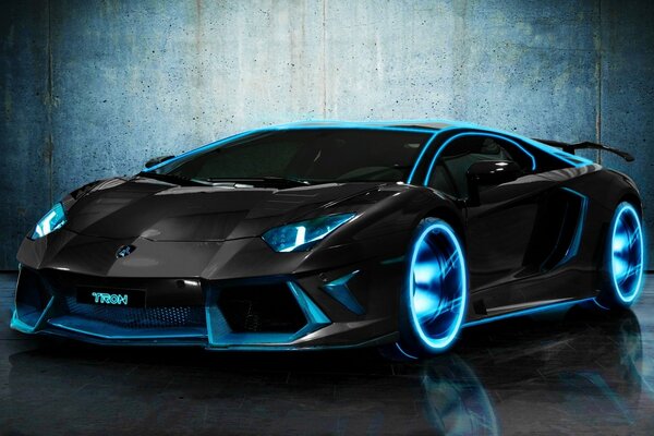 Black Lamborghini aventador with neon lighting