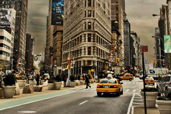 Taxi on the streets of New York in cloudy weather