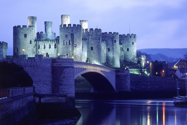 Castillo con luces de noche y puente de piedra