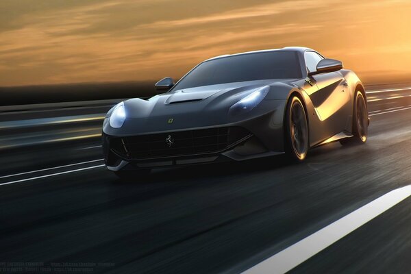 High-speed black Ferrari on the road