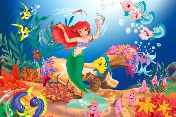 La petite sirène Ariel danse avec les habitants de la mer