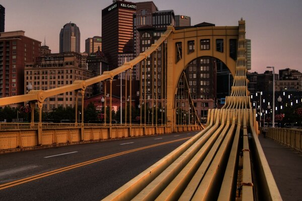 The road on the bridge in the dawn light