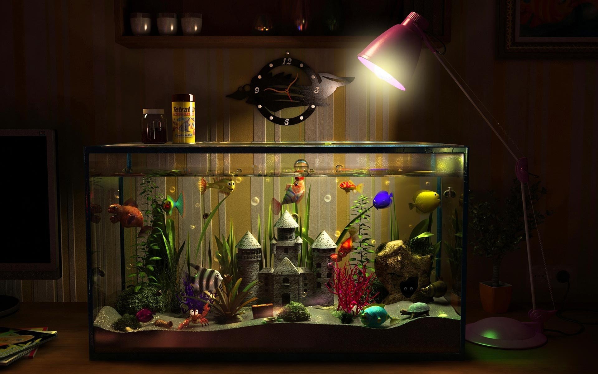 aquarium fische schloss wasser lampe uhr dosen monitor blasen brust krabbe blume