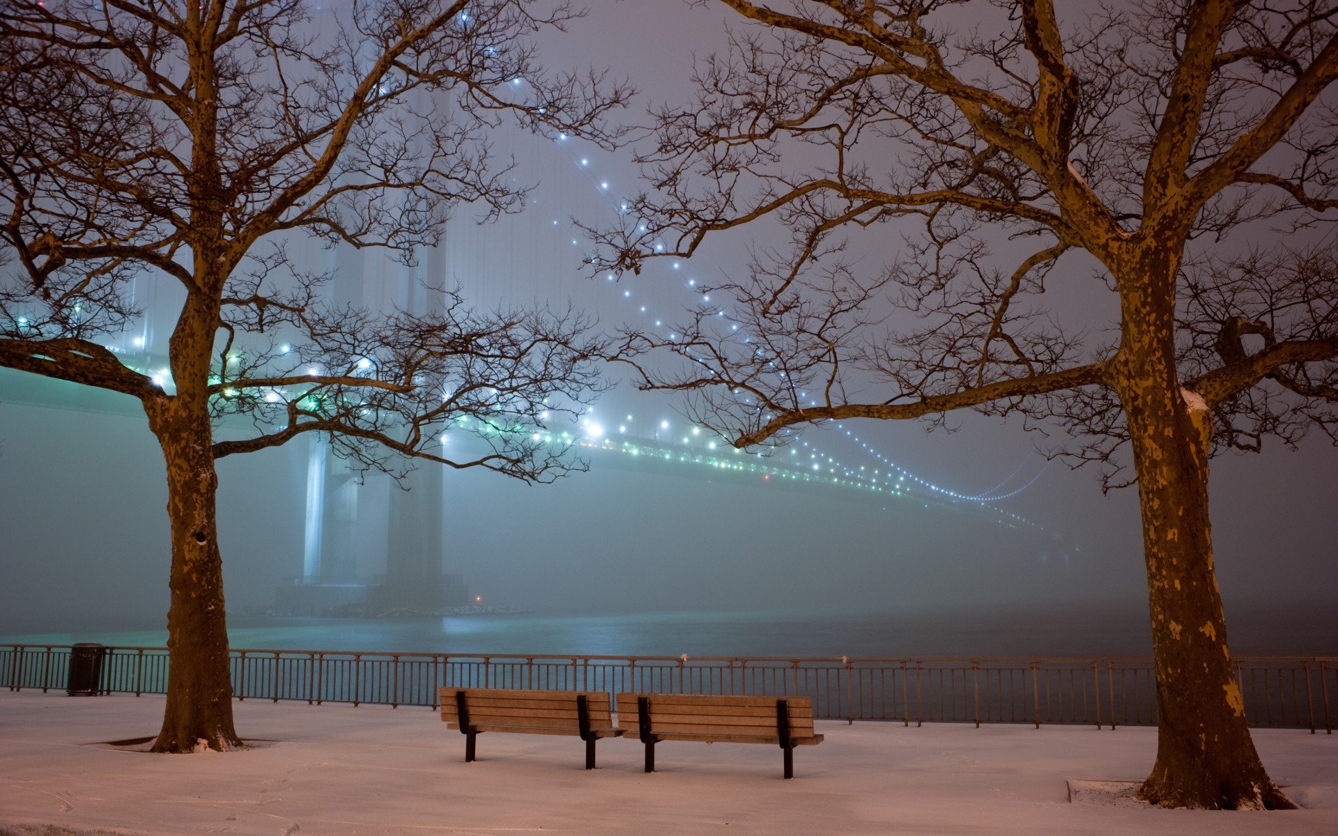 parc bancs arbres pont lumières neige soirée brouillard