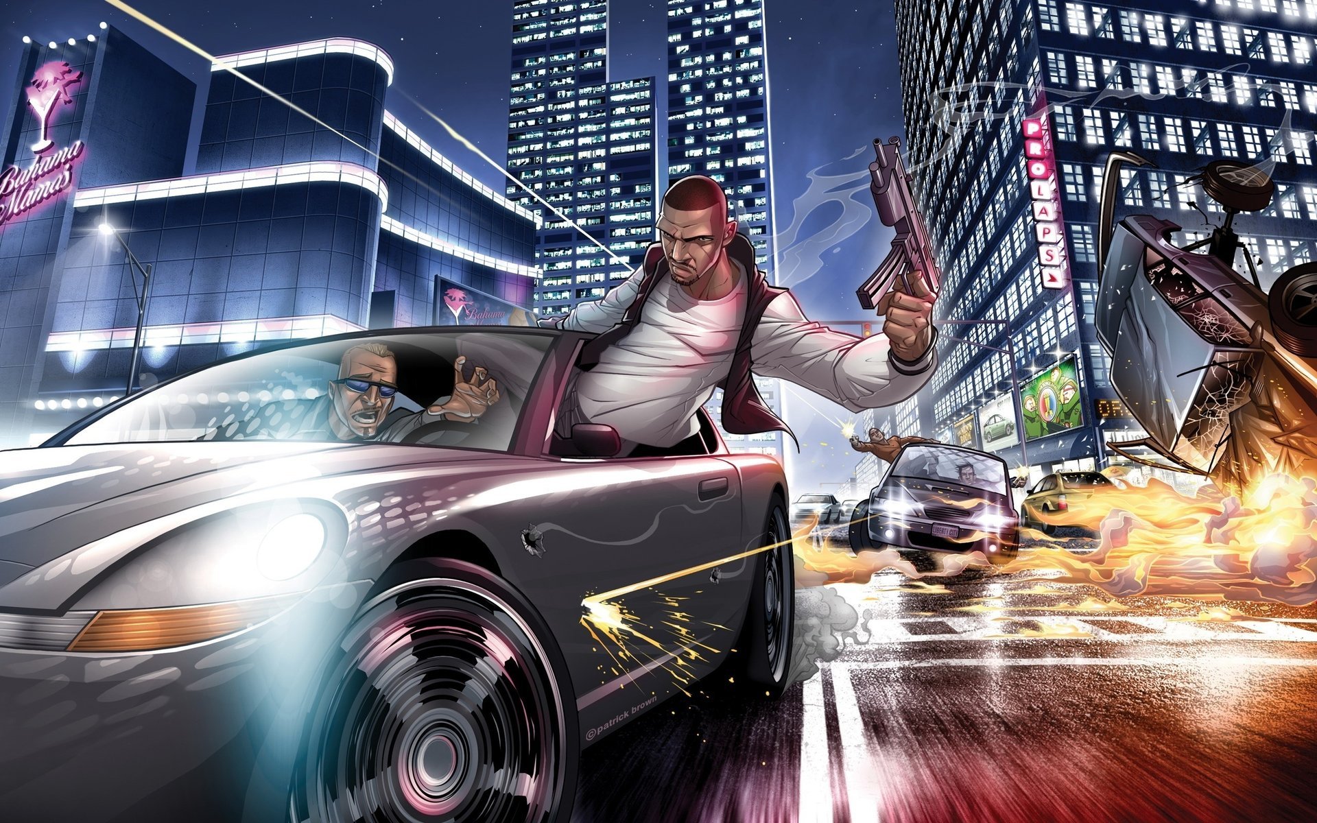 the game showdown the explosion the city skyscrapers road speed shooting drawings anime auto bandit movement fire danger race chase guy vehicle