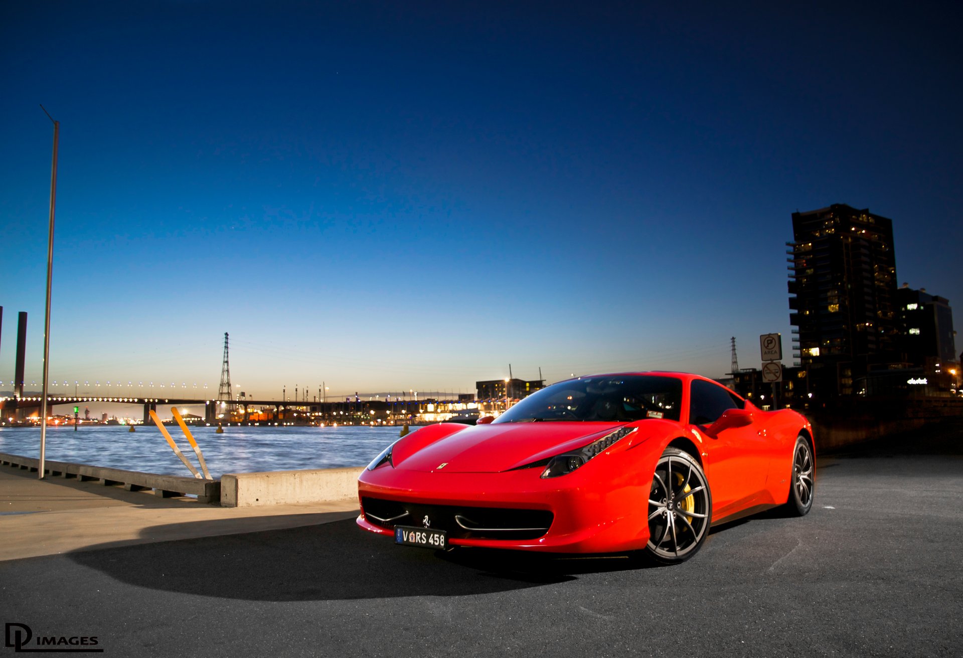 ferrari 458 italia red ferrari italy city bridge lights sky