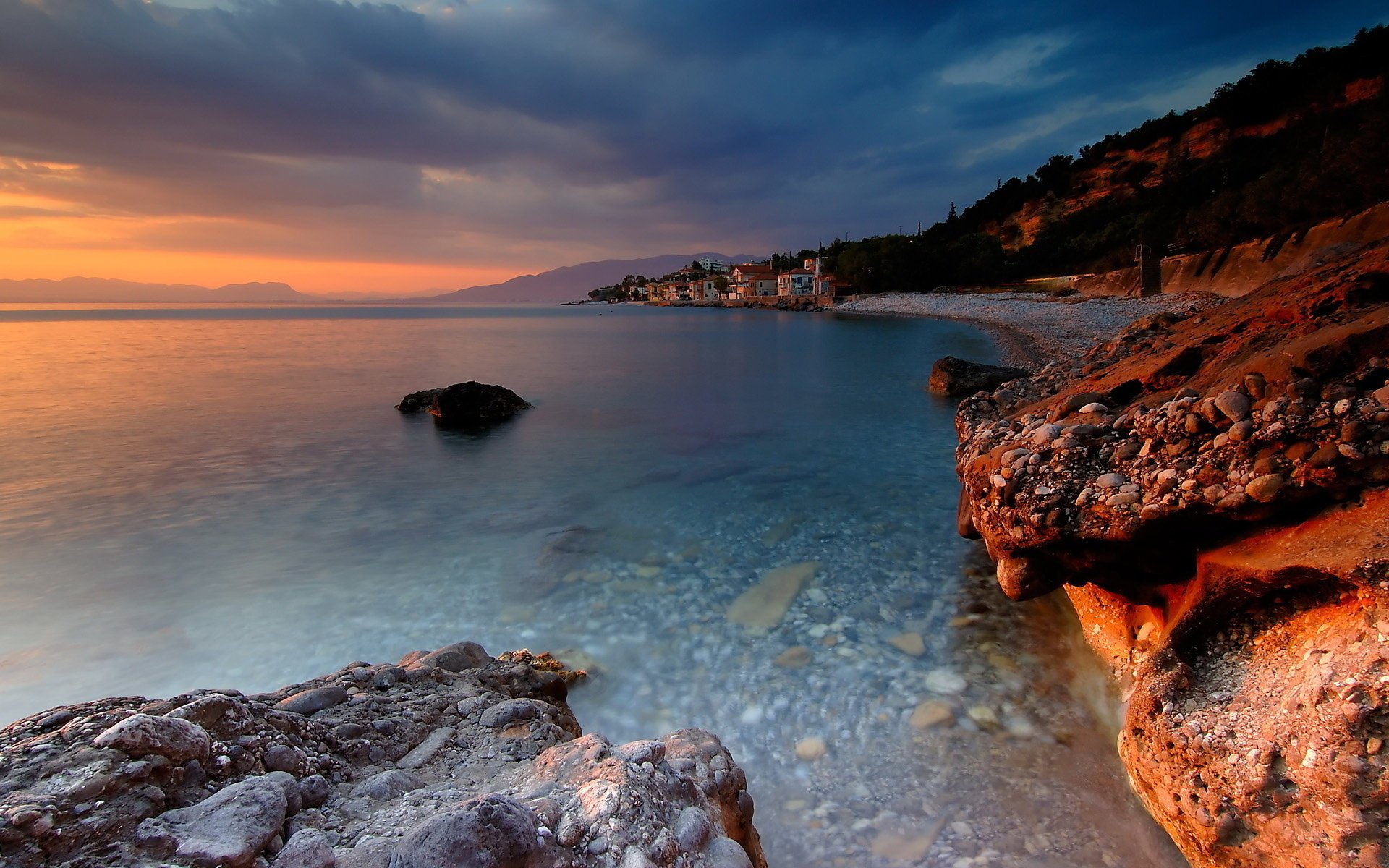 landschaft abend steine natur meer wasser sonnenuntergang wolken horizont küste berge ufer zuhause resort