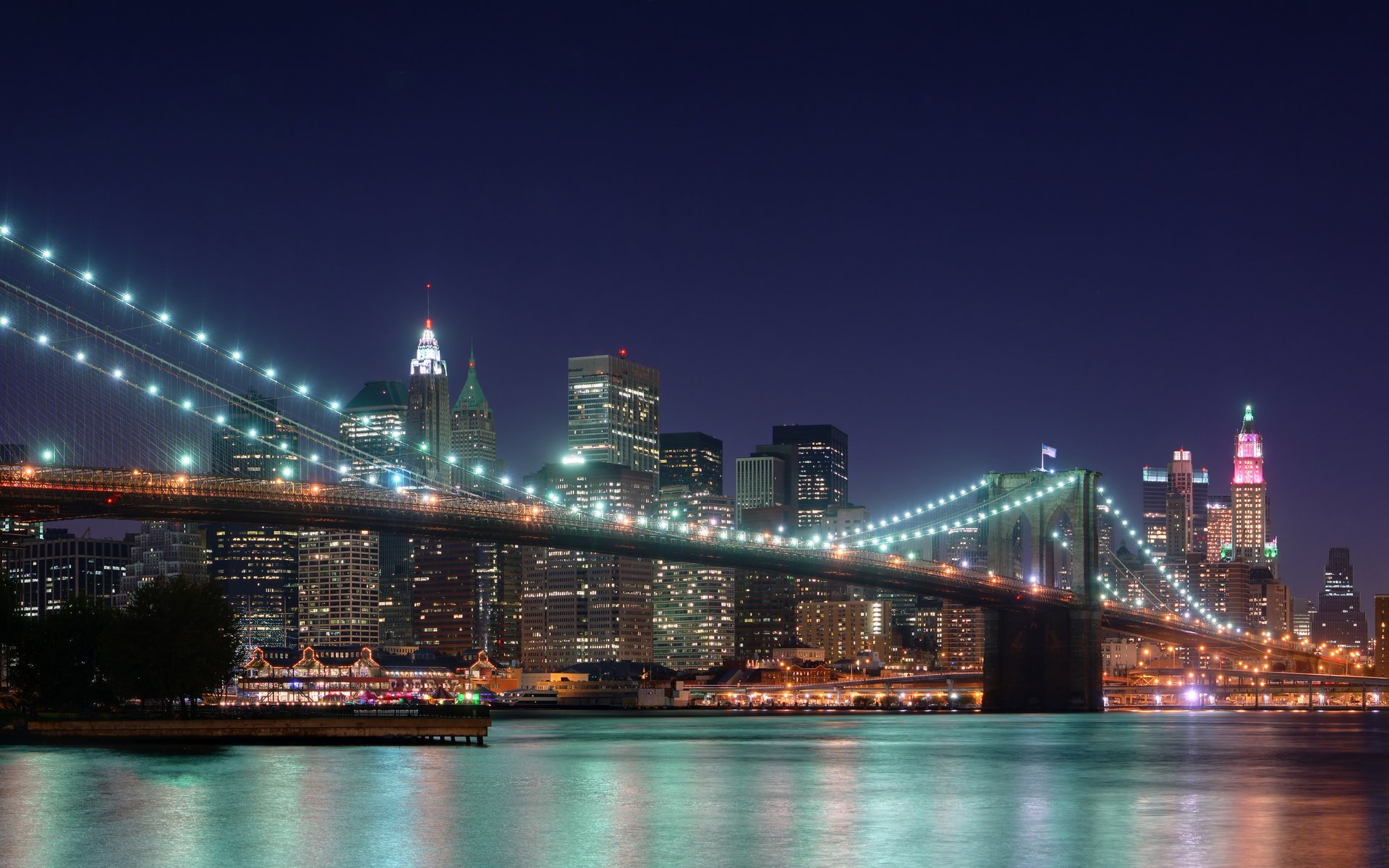 ny new york city stadt wolkenkratzer lichter nacht multi monitors usa städte brücken lichter der städte