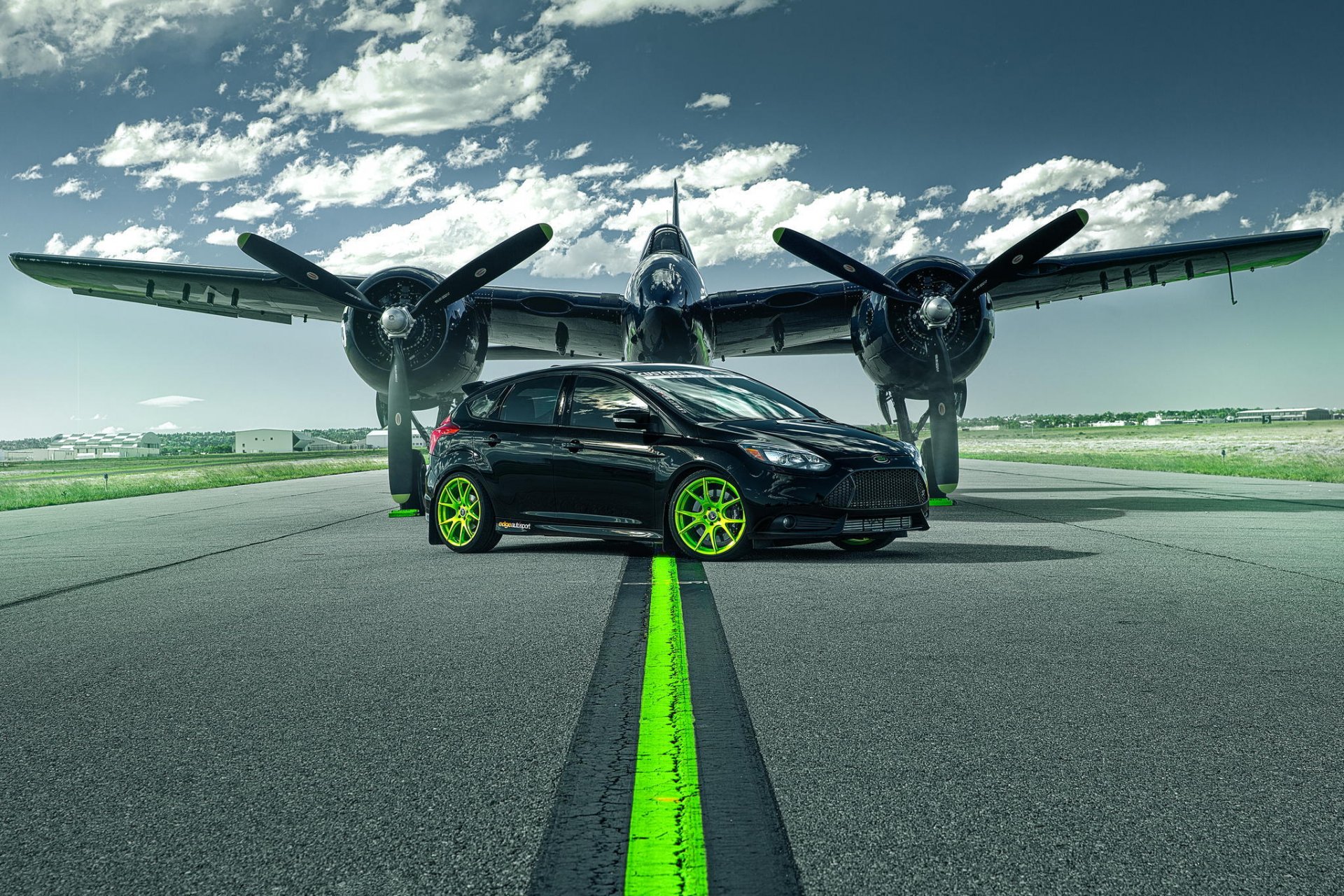 ford enfoque st verde ruedas avión coche pista verde pista