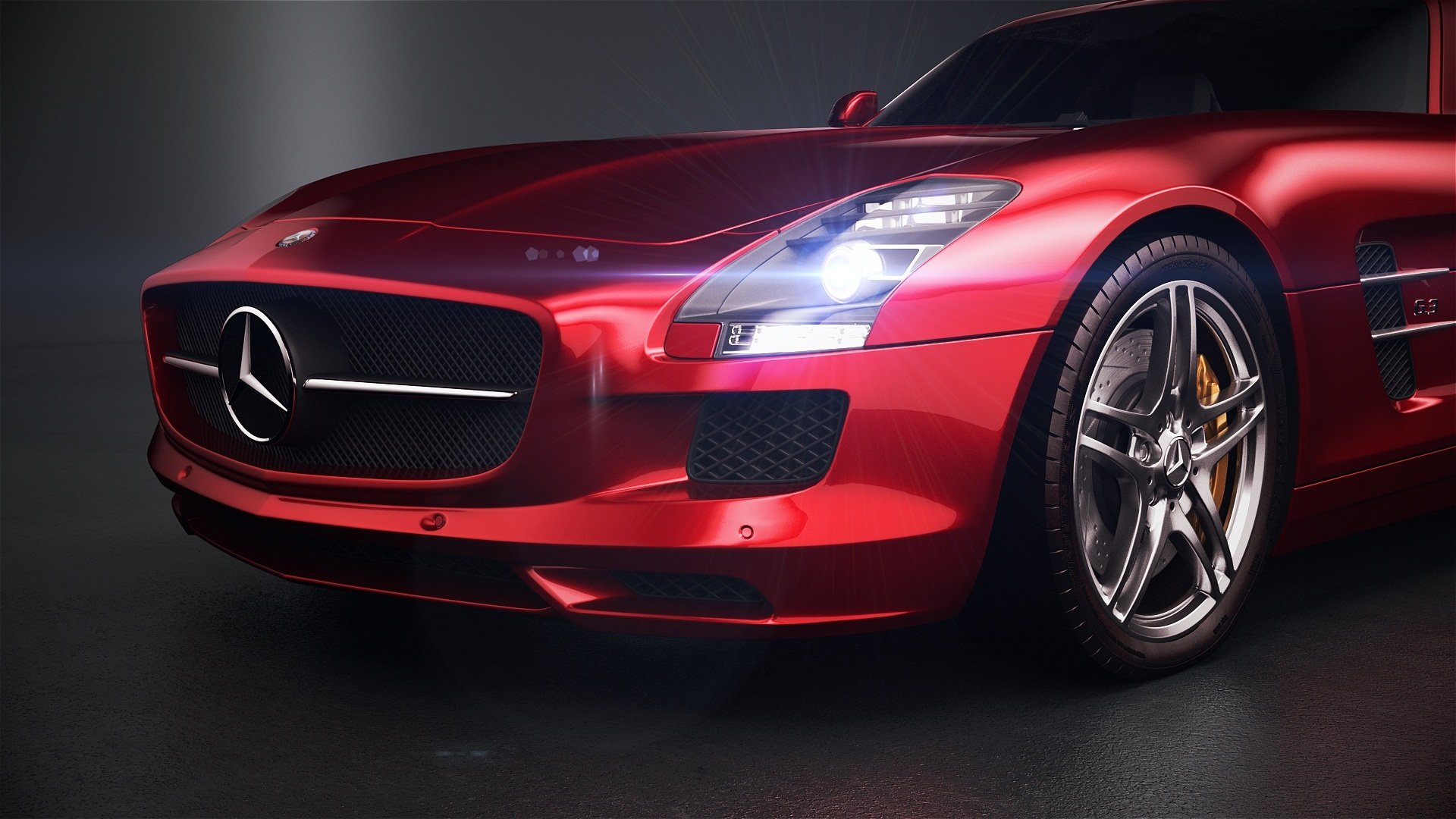 mercedes-benz sls amg-студио по coldfusion20 3ds max vray фотошоп красные передние мерседес бенц красный перед фара бампер