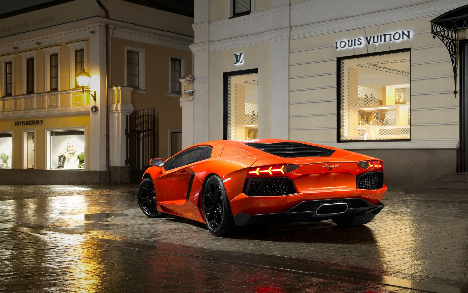 lamborghini aventador lamborghini lp700-4 arancione supercar auto pozzanghere di notte