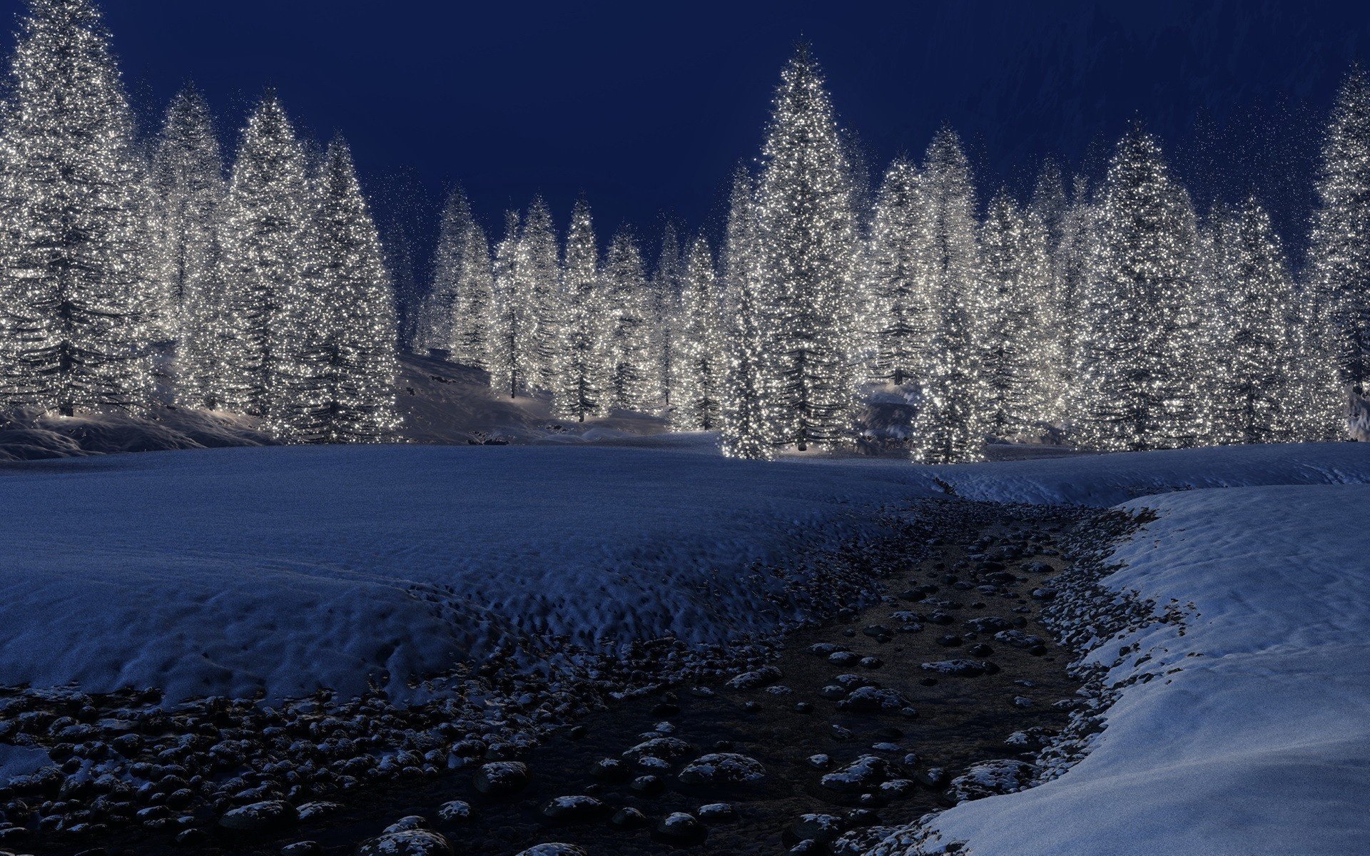 tree lights new year winter snow night stream forest holiday light nature